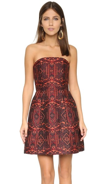 alice + olivia Nikki Structured Strapless Bell Dress in Orange Multi country wedding guest dresses