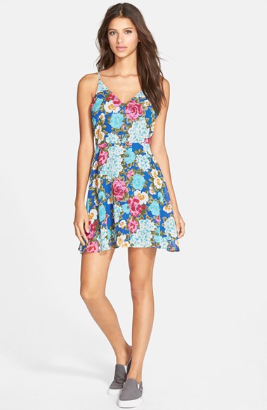 dee elle Floral Print V-Neck Skater Dress (Online Only) in Royal Floral