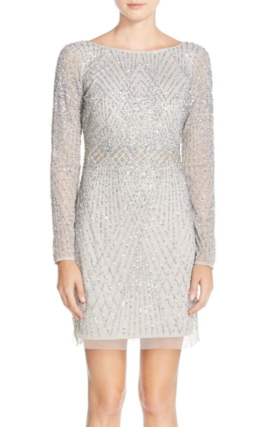 Aidan Mattox Embellished Mesh Sheath Dress in Silver