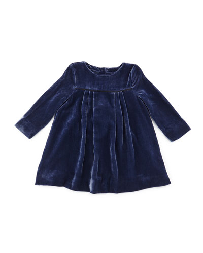 Burberry Meggy Long-Sleeve Velvet Shift Dress in Navy Blue, Size 3M-3Y