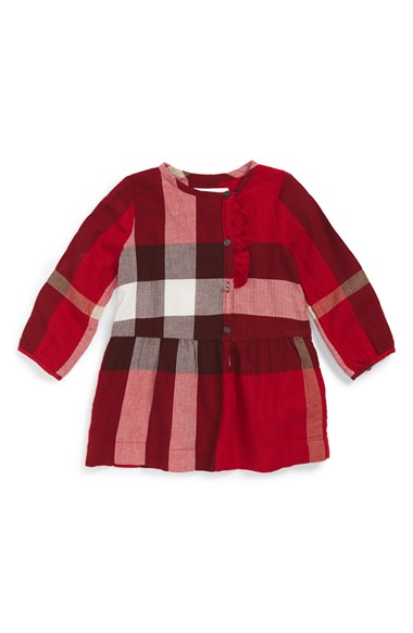 Burberry 'Mini Alaya' Herringbone Weave Check Print Dress (Baby Girls) in Peony Rose