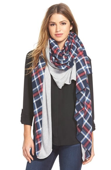 Donni Charm 'Tartan Diagonal' Blanket Scarf in Navy/Tomato/Heather Grey