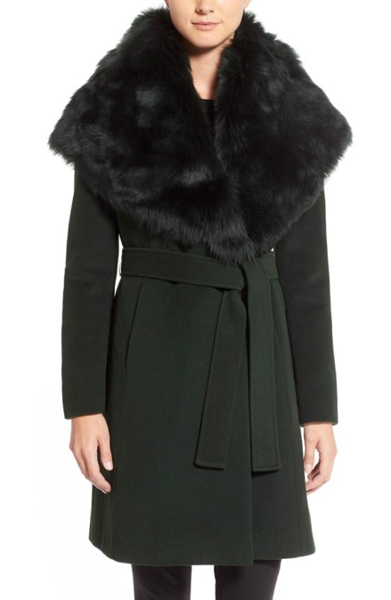 Elie Tahari 'Sandy' Genuine Toscana Shearling Collar Wool Blend Wrap Coat in Forest or Black