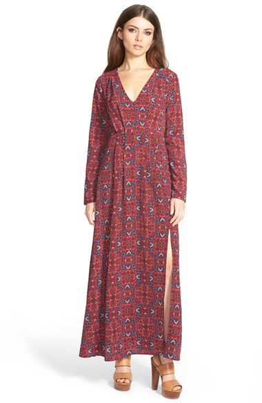 June & Hudson Long Sleeve Boho Print Maxi Dress in Red