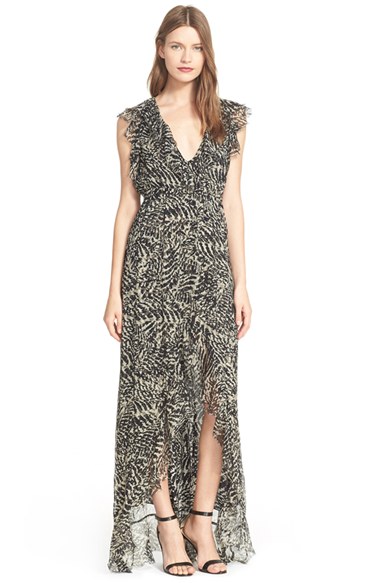 L'AGENCE 'Sophie' Print Flutter Maxi Dress in Taupe/Black