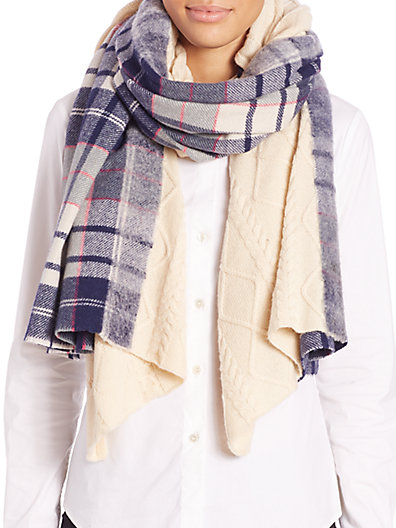Standard Form Tartan Grid Cashmere & Wool Blanket Scarf in Navy-Ivory