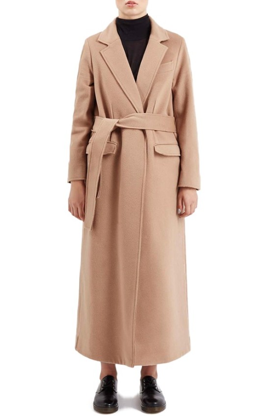 TOPSHOP Boutique Wrap Coat in Camel