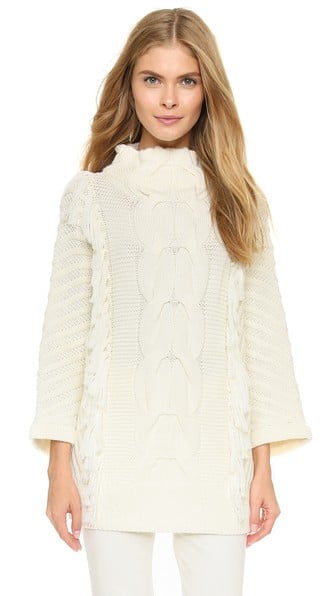 Tess Giberson Chunky Cable & Fringe Funnel Neck Sweater in Ivory