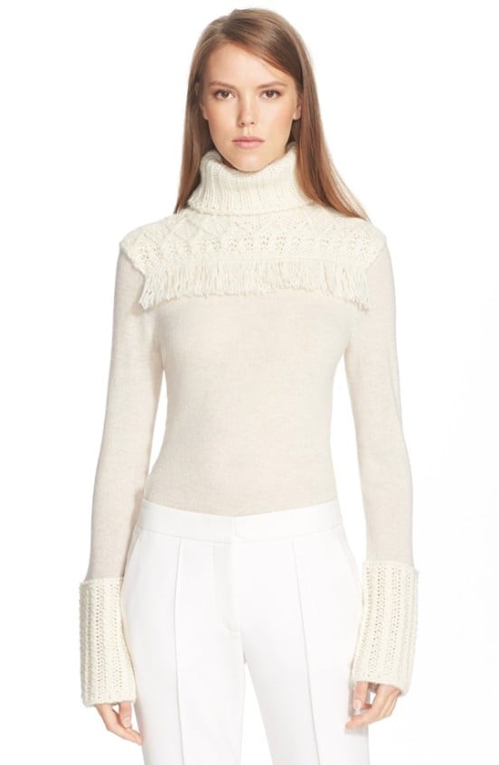 Tory Burch Chunky Fringed Turtleneck Sweater in New Ivory
