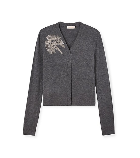 Tory Burch EMBELLISHED MERINO CARDIGAN in Medium Gray Melange