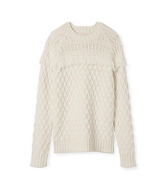 Tory Burch FRINGED WOOL FISHERMAN SWEATER in New Ivory Tory Burch Fall Event Sale