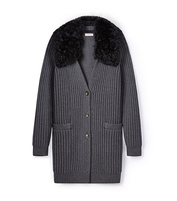 Tory Burch WOOL FUR-TRIM CARDIGAN in EARL GREY MELANGE (WHEAT FUR)