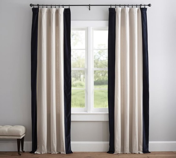 VELVET BORDERED DRAPE in Midnight. Pottery Barn