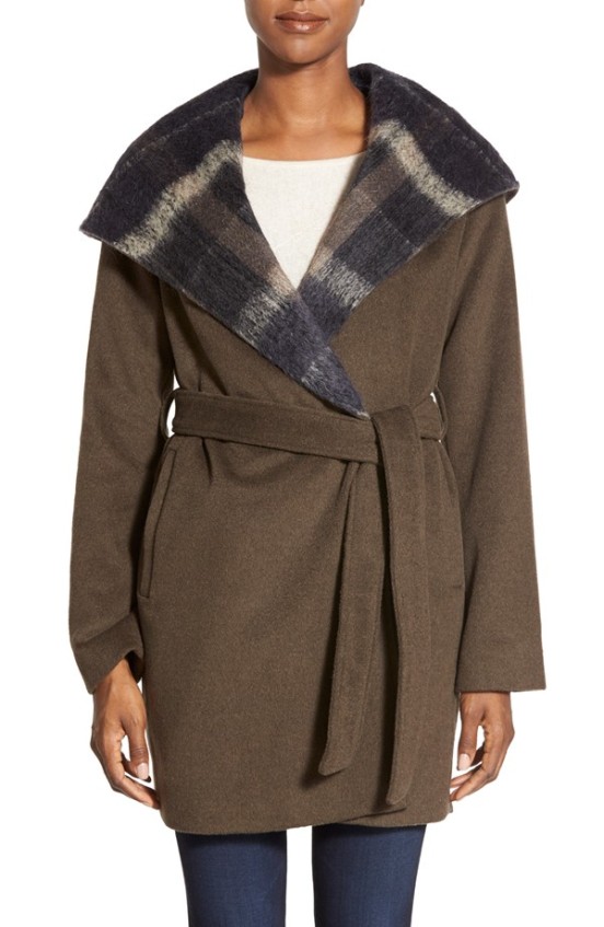 Vera Wang 'Vivian' Plaid Trim Hooded Wool Blend Wrap Coat in Sage
