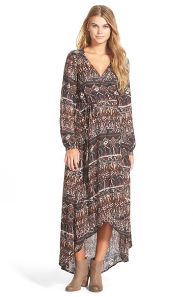 Volcom 'Wrapture' Print Wrap Maxi Dress in Bark Brown 