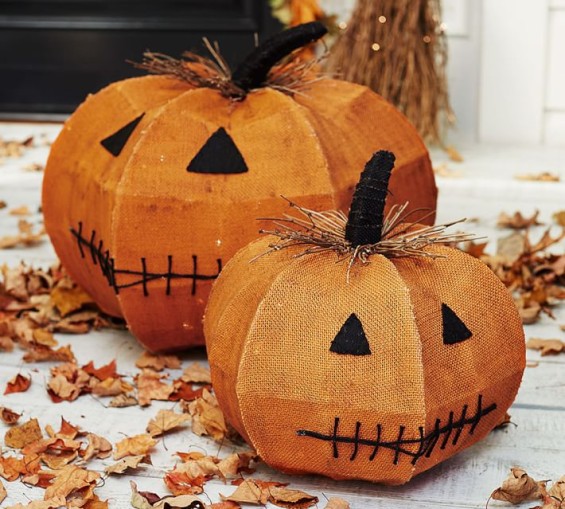 LIT BURLAP SMILING PUMPKINS. Pottery Barn Columbus Day Sale Halloween