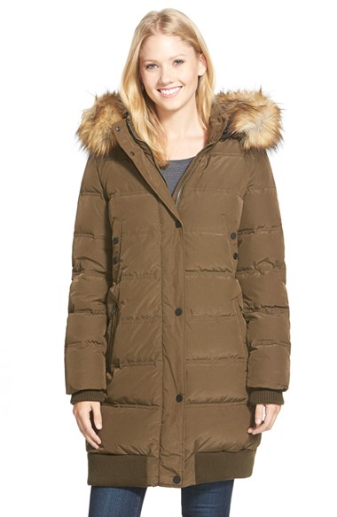 7 For All Mankind® Elongated Down Bomber with Removable Faux Fur Trim Hood in Olive Green