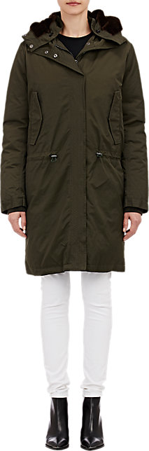 ACNE STUDIOS Faux-Fur-Hood Powder Parka in Dark Green 