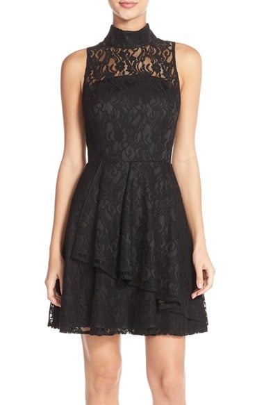 Adelyn Rae Mock Neck Lace Fit & Flare Dress in Black