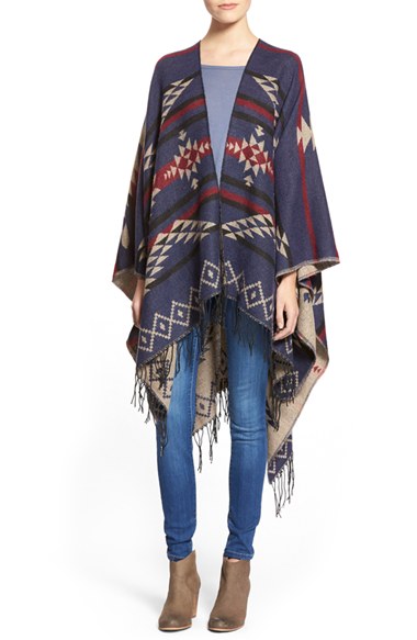 BP. Reversible Geometric Pattern Poncho in Indigo Multi