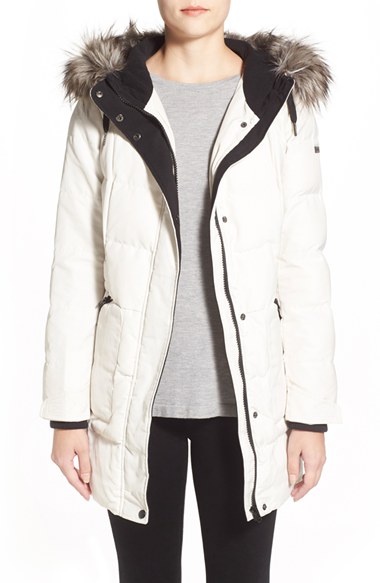 Bernardo 'Expedition' Quilted Parka with Faux Fur Trim in Cream 