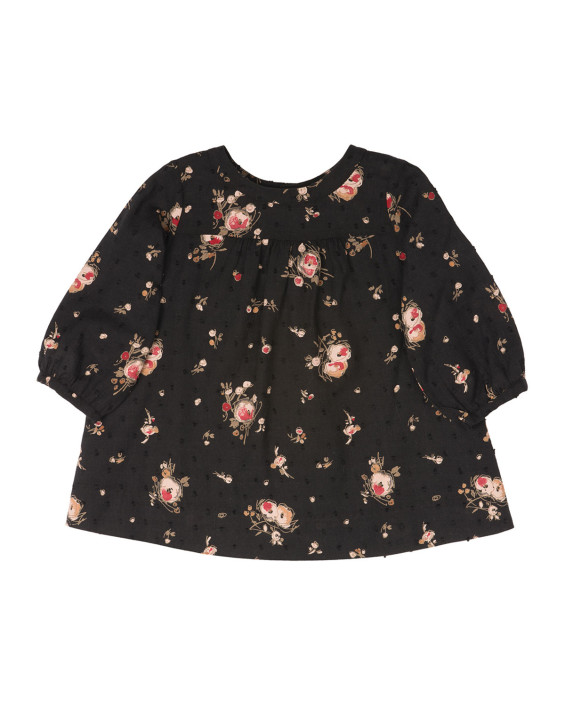 Bonpoint Long-Sleeve Floral Print Shift Dress in Black, Size 6-12 Months