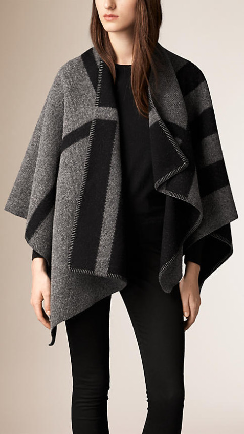Burberry CHECK WOOL AND CASHMERE BLANKET PONCHO in Dark Grey Check