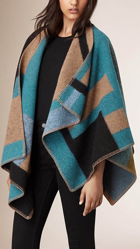 Burberry CHECK WOOL AND CASHMERE BLANKET PONCHO in Dusty Teal Blue