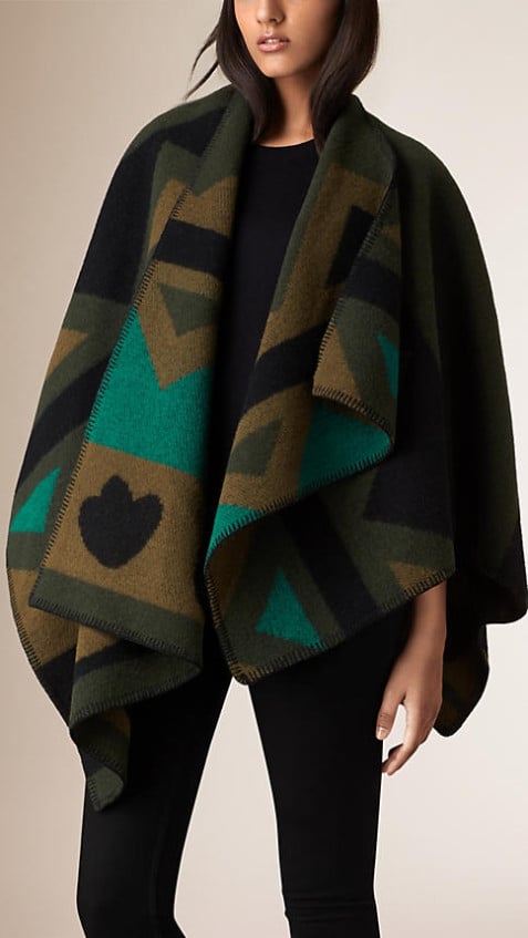 Burberry GRAPHIC WOOL AND CASHMERE BLANKET PONCHO in Olive Green