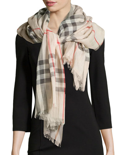 Burberry Giant Check Gauze Scarf in Stone Check. Neiman Marcus