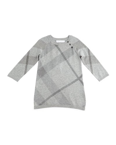 Burberry Kahlan Knit Check-Print Shift Dress in Pale Gray Melange, Size 3M-3Y 