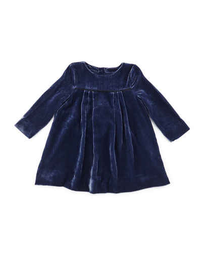 Burberry Meggy Long-Sleeve Velvet Shift Dress in Navy, Size 3M-3Y in Pale Navy