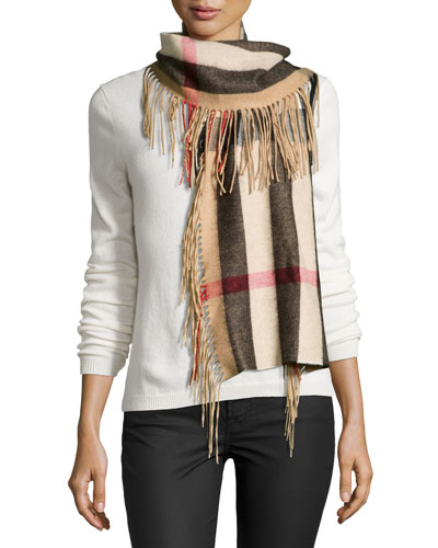 Burberry Prorsum The Fringe Cashmere Half Mega Check Scarf in Camel. Neiman Marcus