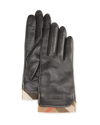 Burberry Tech Leather Gloves with Check Trim in Black. Neiman Marcus
