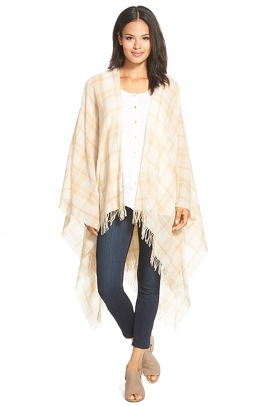 Eileen Fisher Plaid Wool & Cashmere Poncho (Regular & Petite) in Wheat