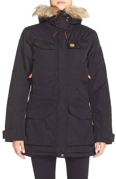 Fjällräven 'Nuuk' Waterproof Hooded Parka with Faux-Fur Trim in Black or Navy Blue