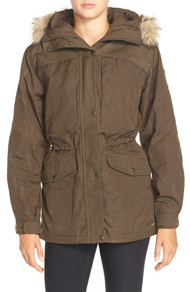Fjällräven 'Sarek' Hooded Jacket with Faux-Fur Trim in Dark Olive or Sand