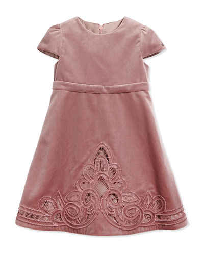 Gucci Cap-Sleeve Embroidered Velvet Dress in Pale Violet, Size 18-36 Months