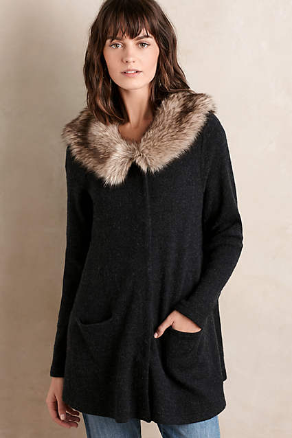 Heathered Slate Sweater Coat in Dark Grey by Moth with a Faux Fur Collar. Anthropologie