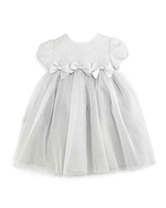 Luli & Me Cap-Sleeve Jacquard & Tulle Dress in Gray, Size 12-24 Months
