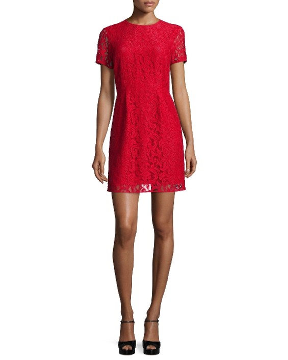 MICHAEL Michael Kors Short-Sleeve Fitted Lace Dress in Red Blaze