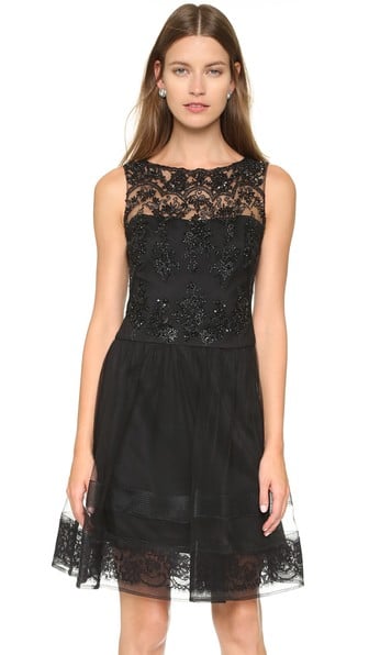 Marchesa Notte Sleeveless Lace Cocktail Dress in Black