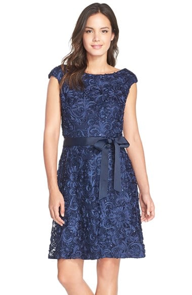 Marina Soutache Lace Fit & Flare Dress in Navy Blue