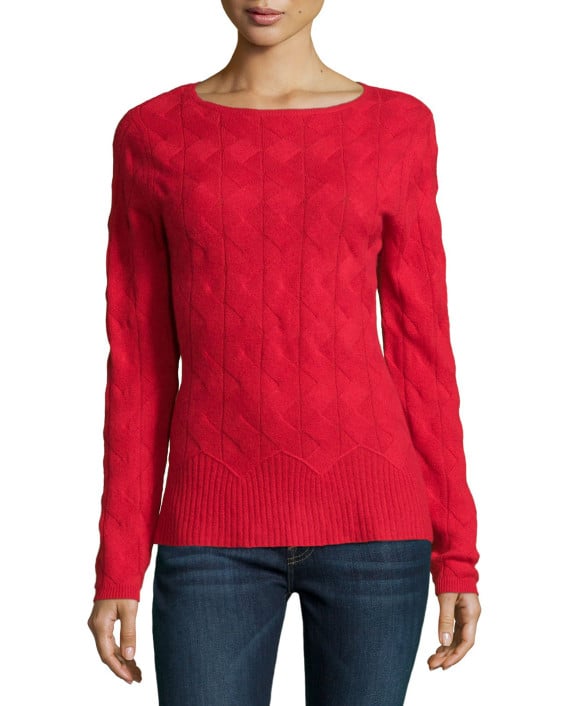 Neiman Marcus Cashmere Collection Cable-Knit Cashmere Sweater in Red