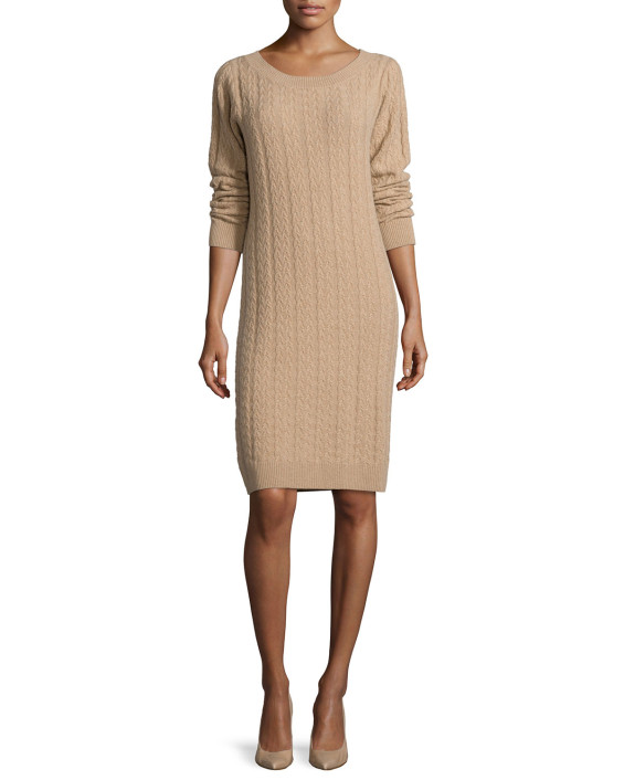 Neiman Marcus Cashmere Collection Long-Sleeve Cable-Knit Cashmere Dress in Camel