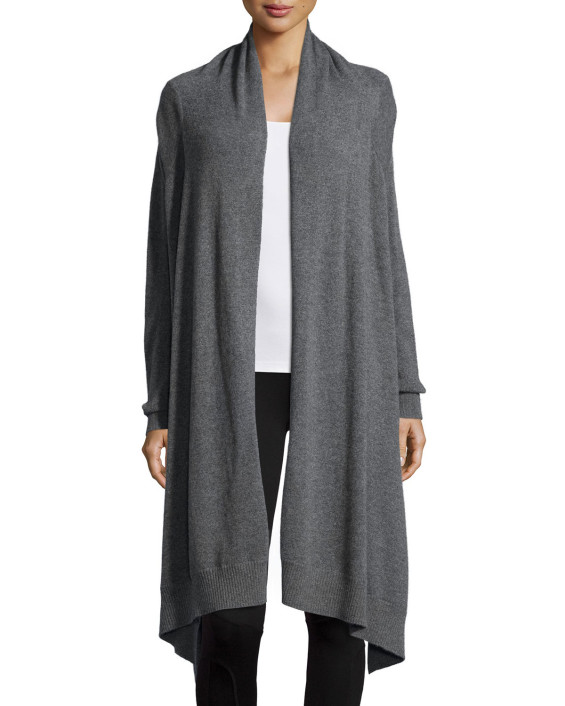 Neiman Marcus Cashmere Collection Long-Sleeve Cashmere Blanket Cardigan in Grey (Also available in Black or Print)