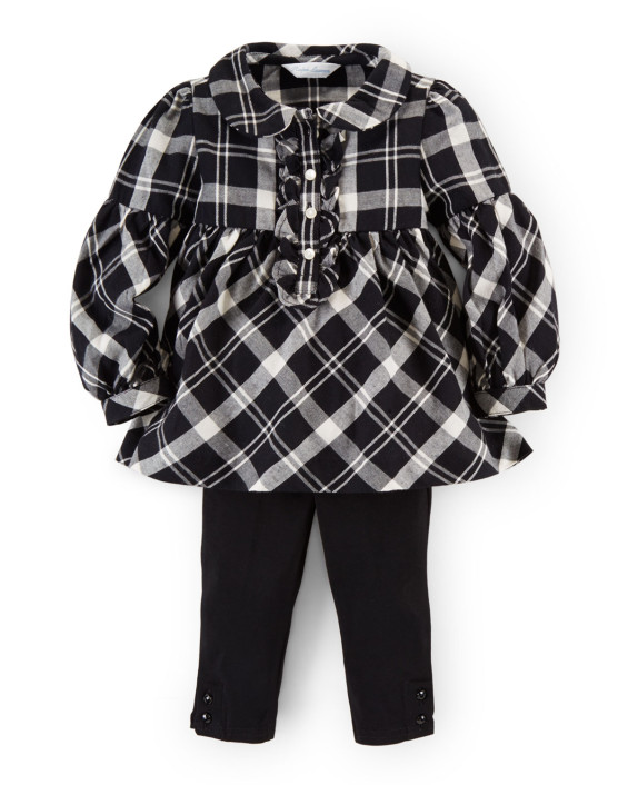  Ralph Lauren Childrenswear Long-Sleeve Plaid Twill Dress in Cream and Black
