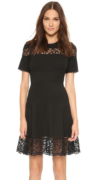 Rebecca Taylor Ponte Lace Flared Dress in Black