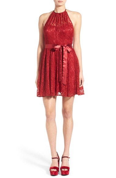 Steppin Out Lace Halter Dress in Lavish Red