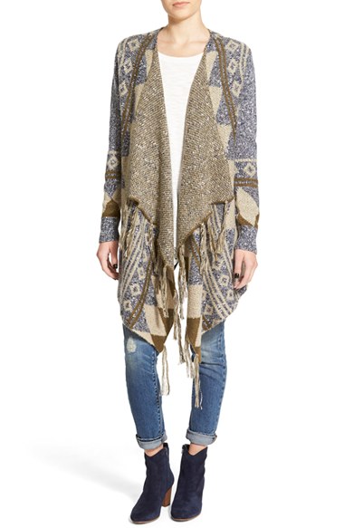 Sun & Shadow Fringe Trim Blanket Cardigan in Navy Indigo Falcon Jacquard